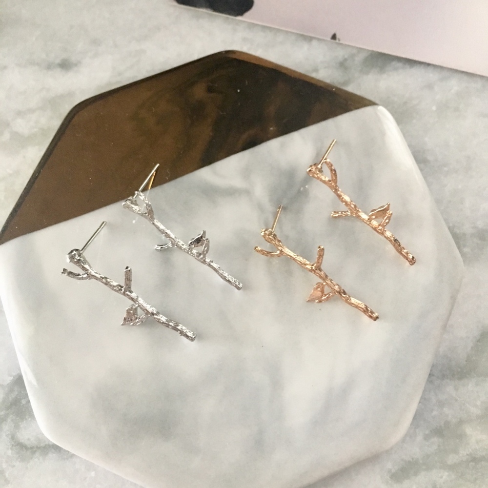 Bird on Branch Gold or Silver Minimalist Earrings - Picture 8 of 8